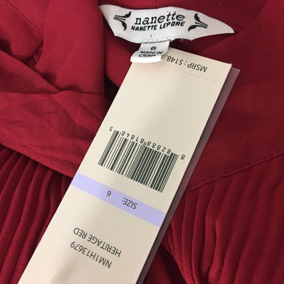 NWT NANETTE LEPORE Heritage Red Pleats Tie Collar Long Sleeve Dress - Picture 2 of 8